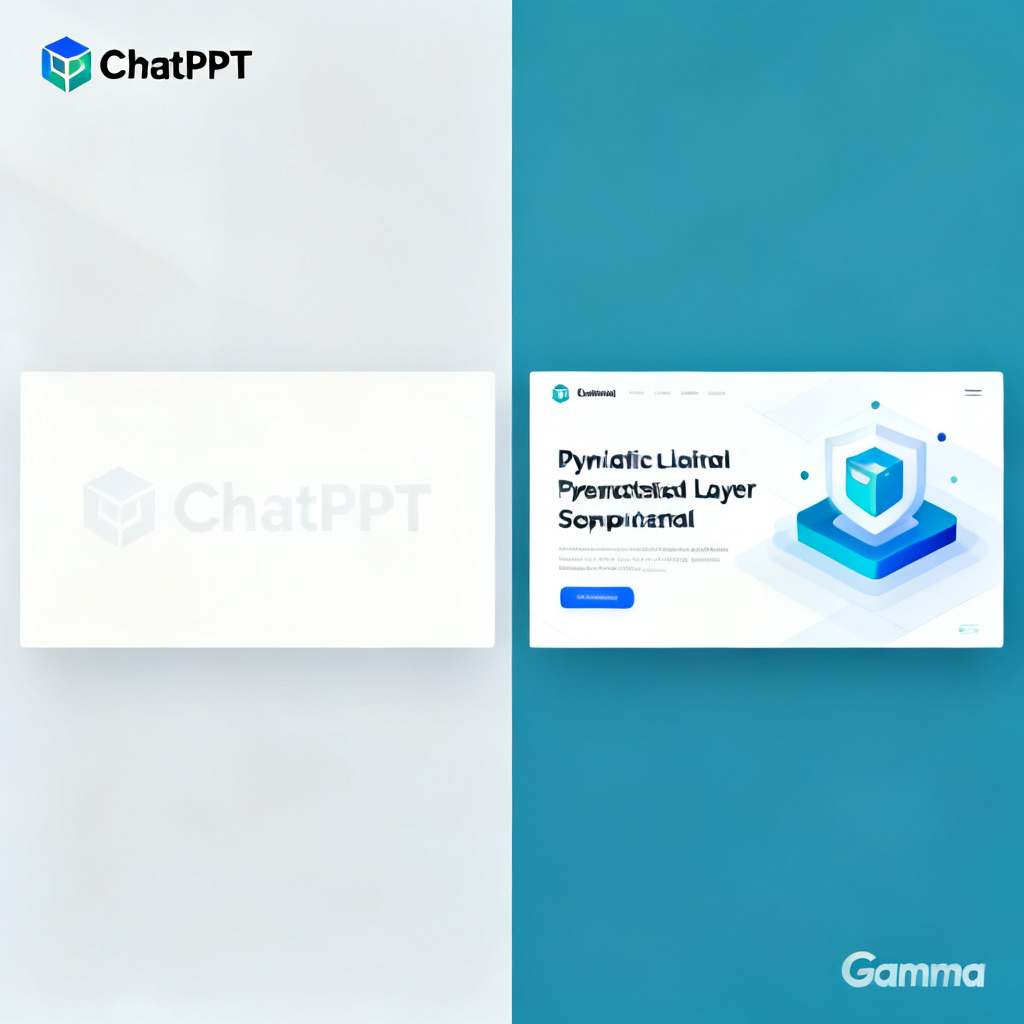 A split-screen comparison showing two AI-generated slides: left side is a static, uneditable image with a generic template; right side is a dynamic, layer-separated slide with editable text and graphics. The left side has a faint watermark 'Gamma', the right side has 'ChatPPT' logo.