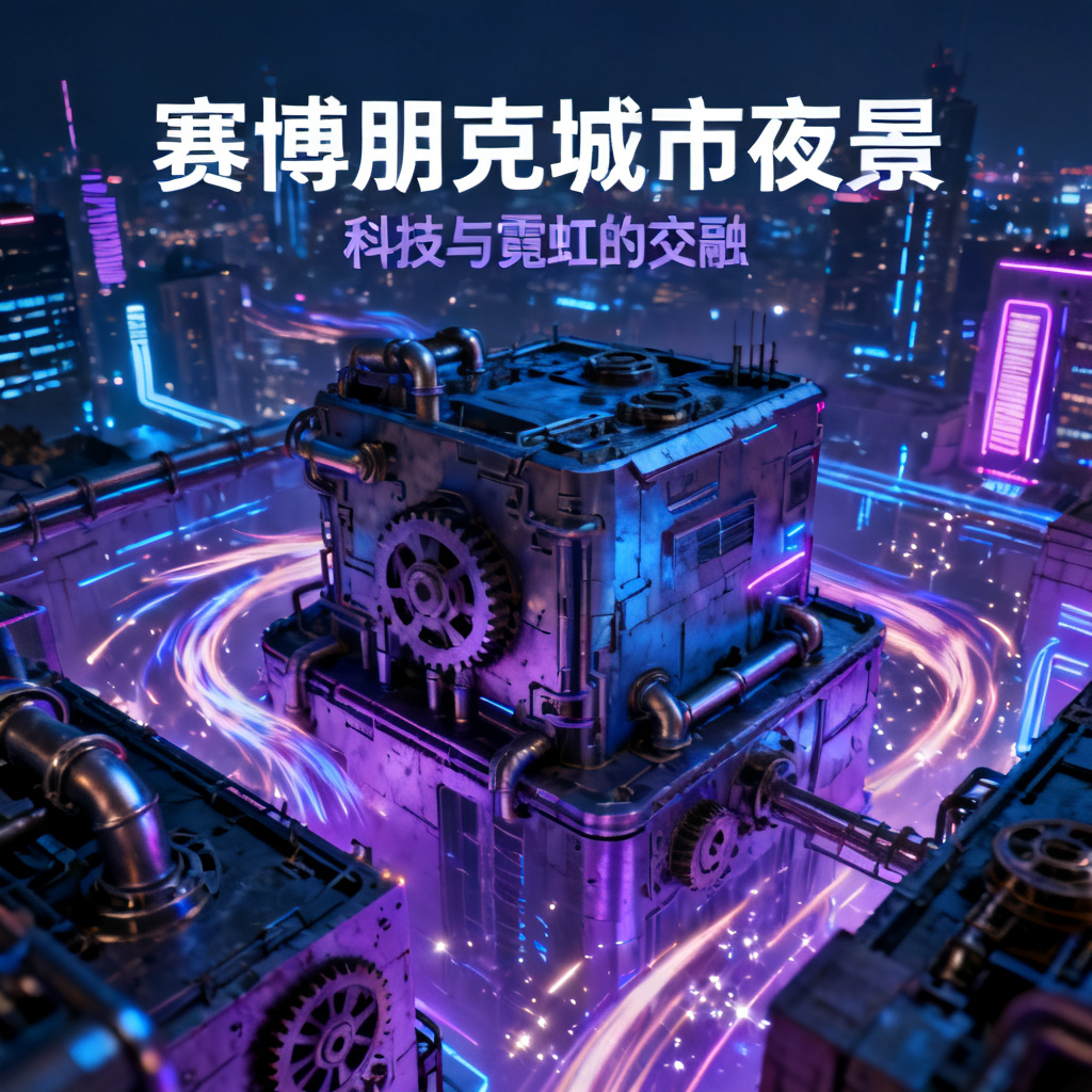 赛博朋克风格的城市夜景PPT页面，霓虹灯光，机械细节，动态效果