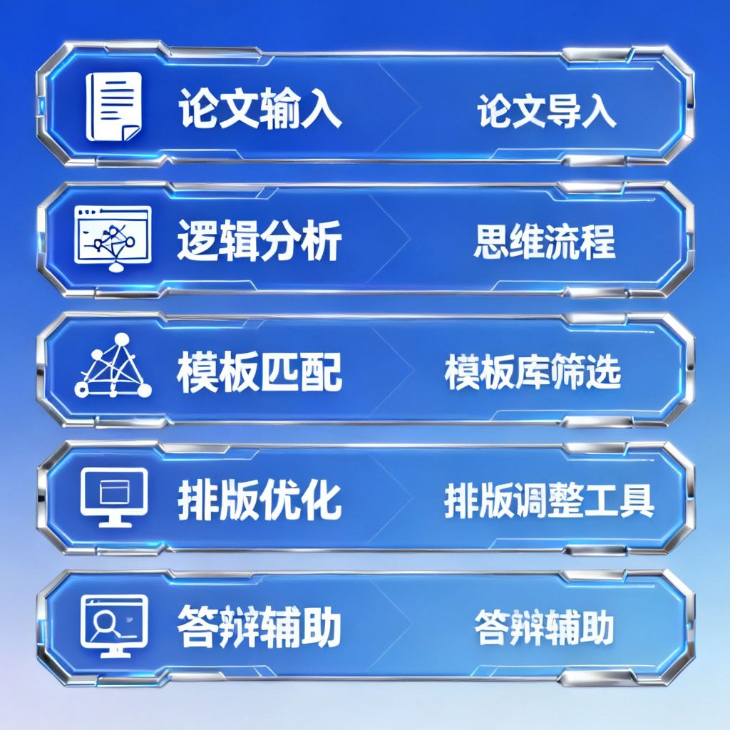一张信息图，展示ChatPPT的工作流程：论文输入、逻辑分析、大纲生成、模板匹配、排版优化、答辩辅助，每个步骤用图标和文字标注，背景为渐变蓝色，科技感风格，适合用于技术评测文章。