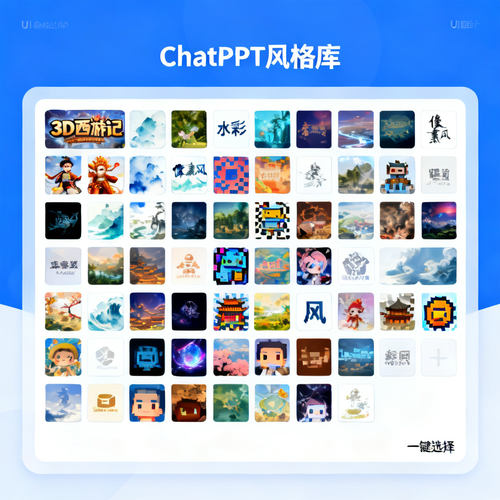 ChatPPT界面截图，展示上百种风格库的缩略图，包括3D西游记、水彩、像素风等，用户可一键选择