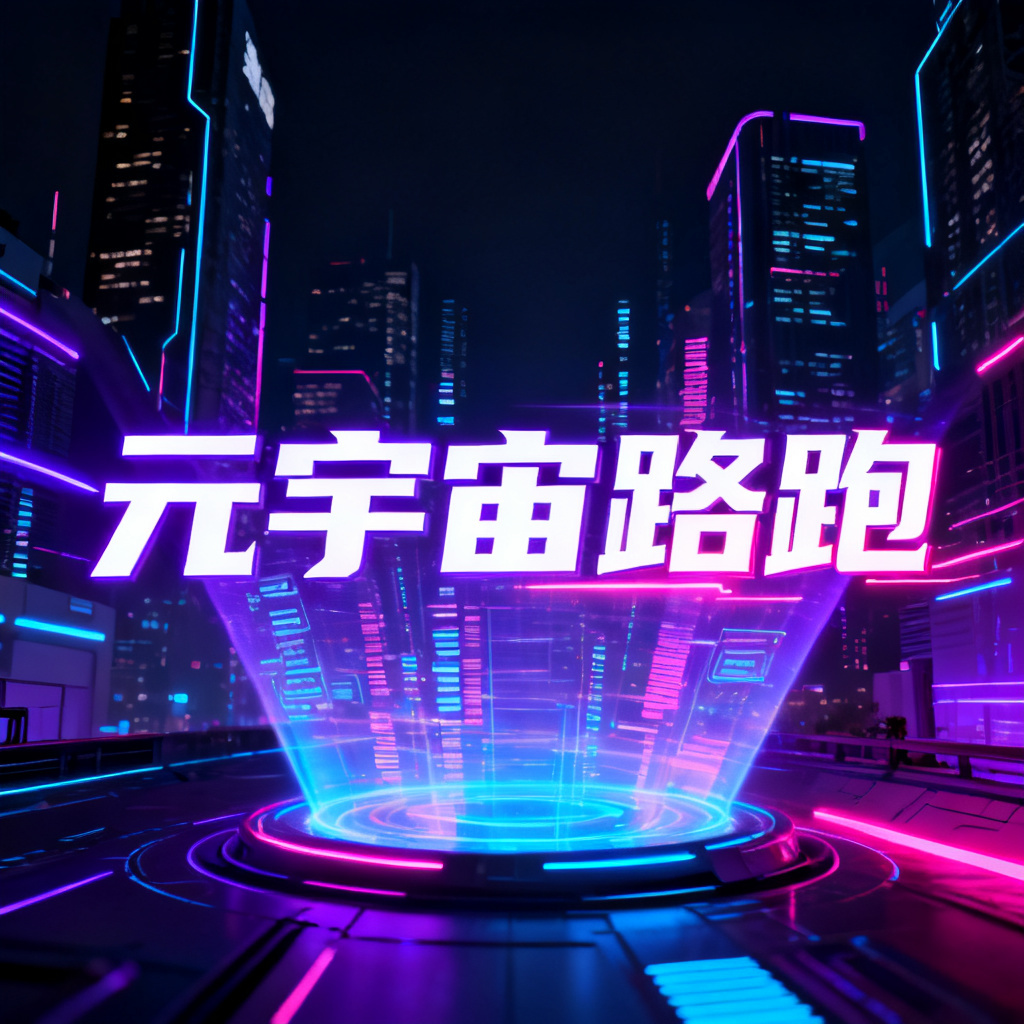 赛博朋克风格的元宇宙路跑PPT，霓虹灯光，全息投影，未来城市背景，暗调高反差