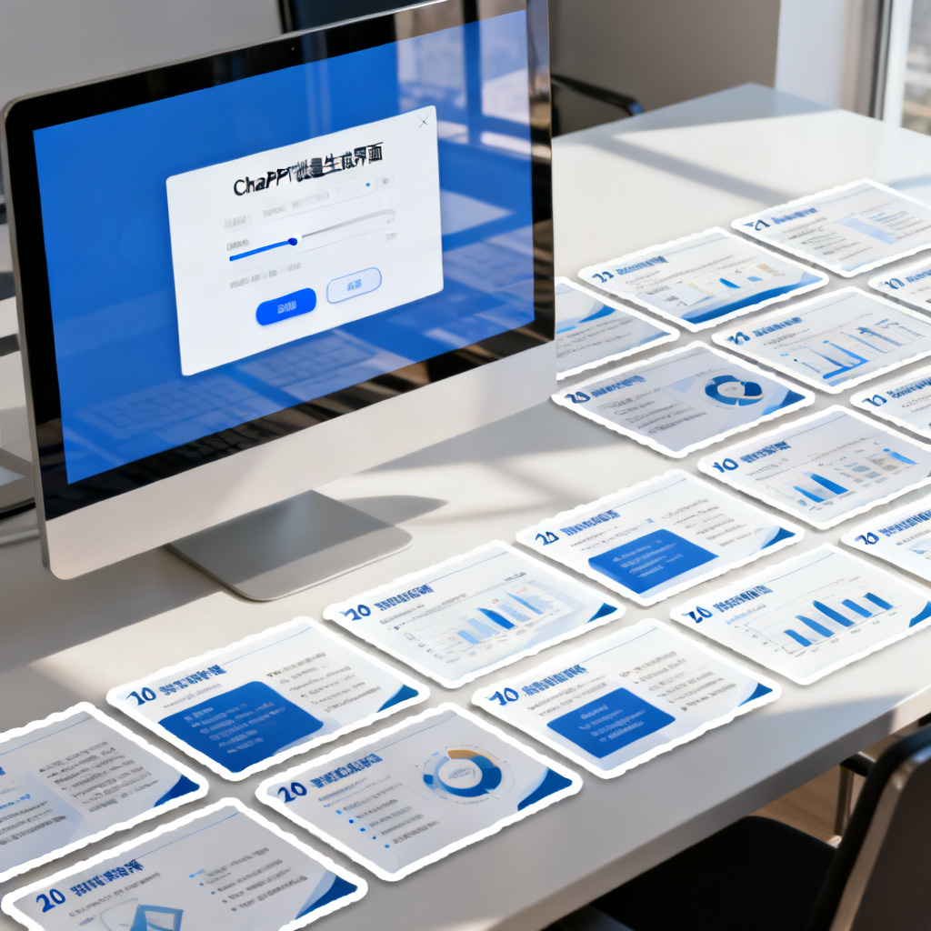 一个办公桌上的场景,电脑屏幕上显示ChatPPT的批量生成界面,旁边有20页风格统一的PPT缩略图,整体色调明亮,充满高效工作的氛围