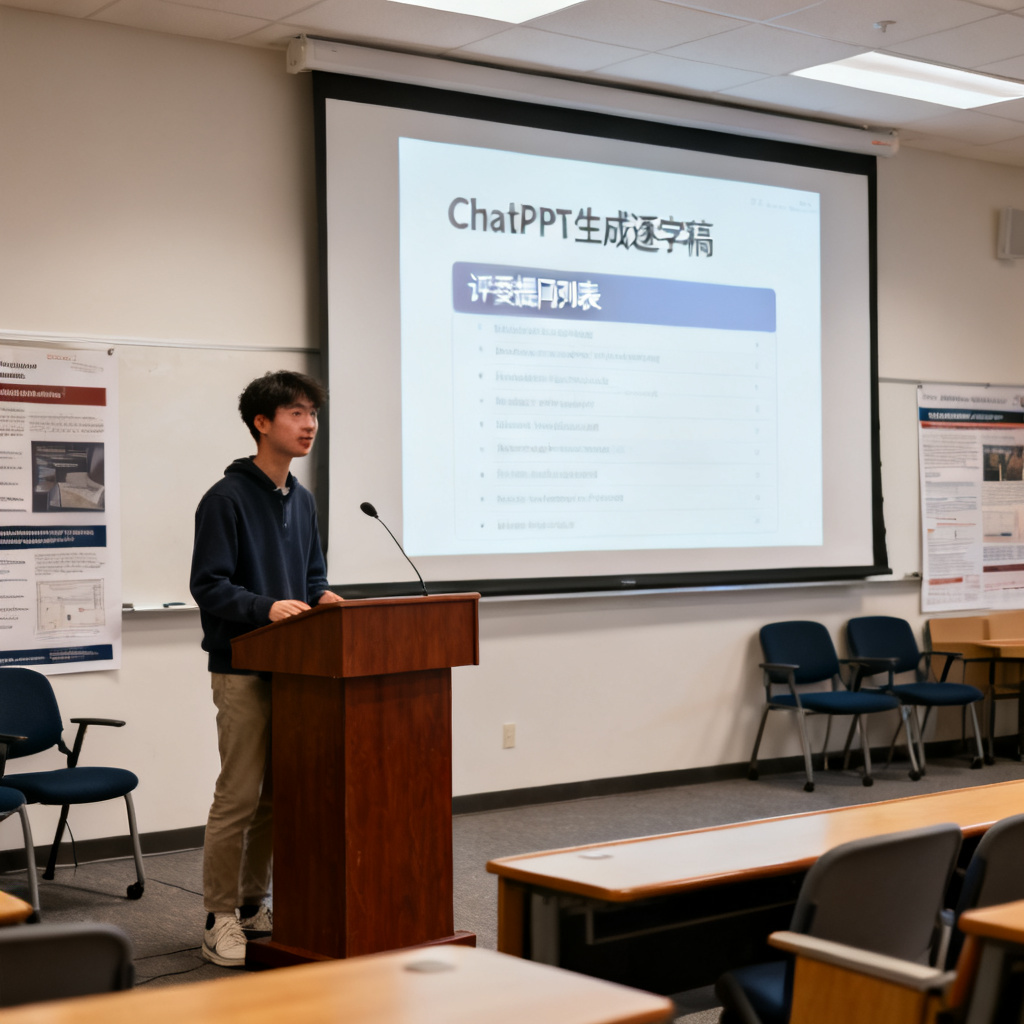 答辩场景，学生自信演讲，屏幕显示ChatPPT生成的逐字稿和评委提问列表，背景是学术报告厅