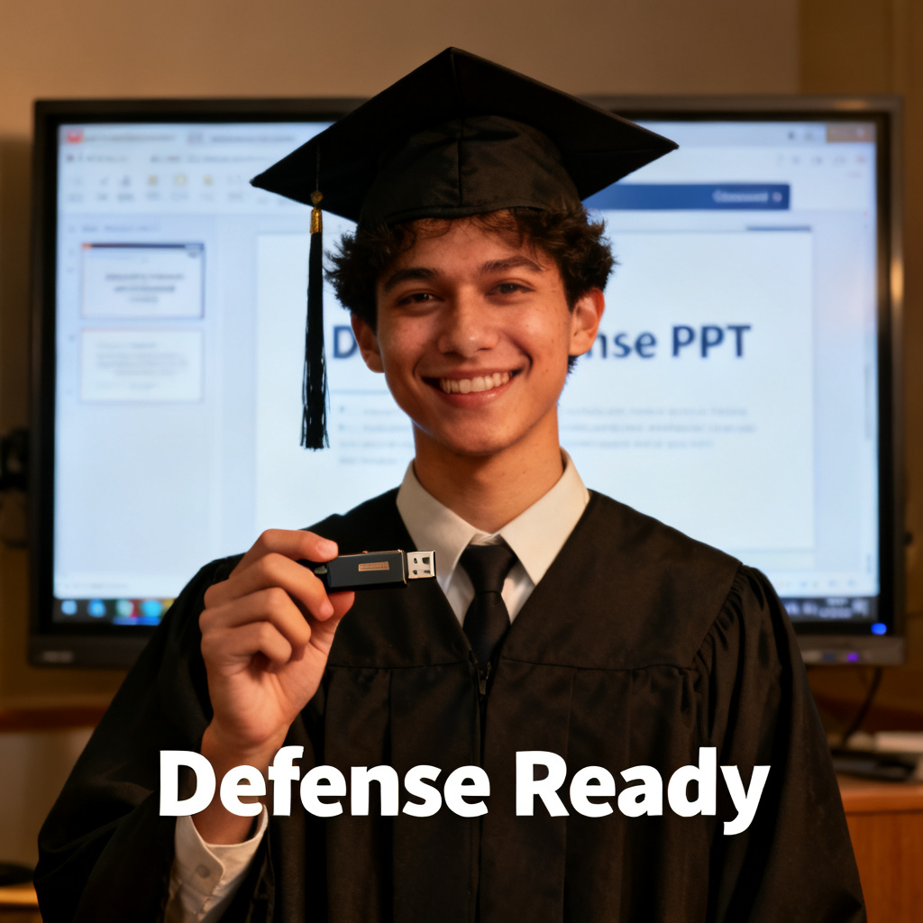 A graduate student smiling confidently while holding a USB drive, with a large screen behind them showing a completed, professional-looking defense PPT, and a caption saying "Defense Ready"