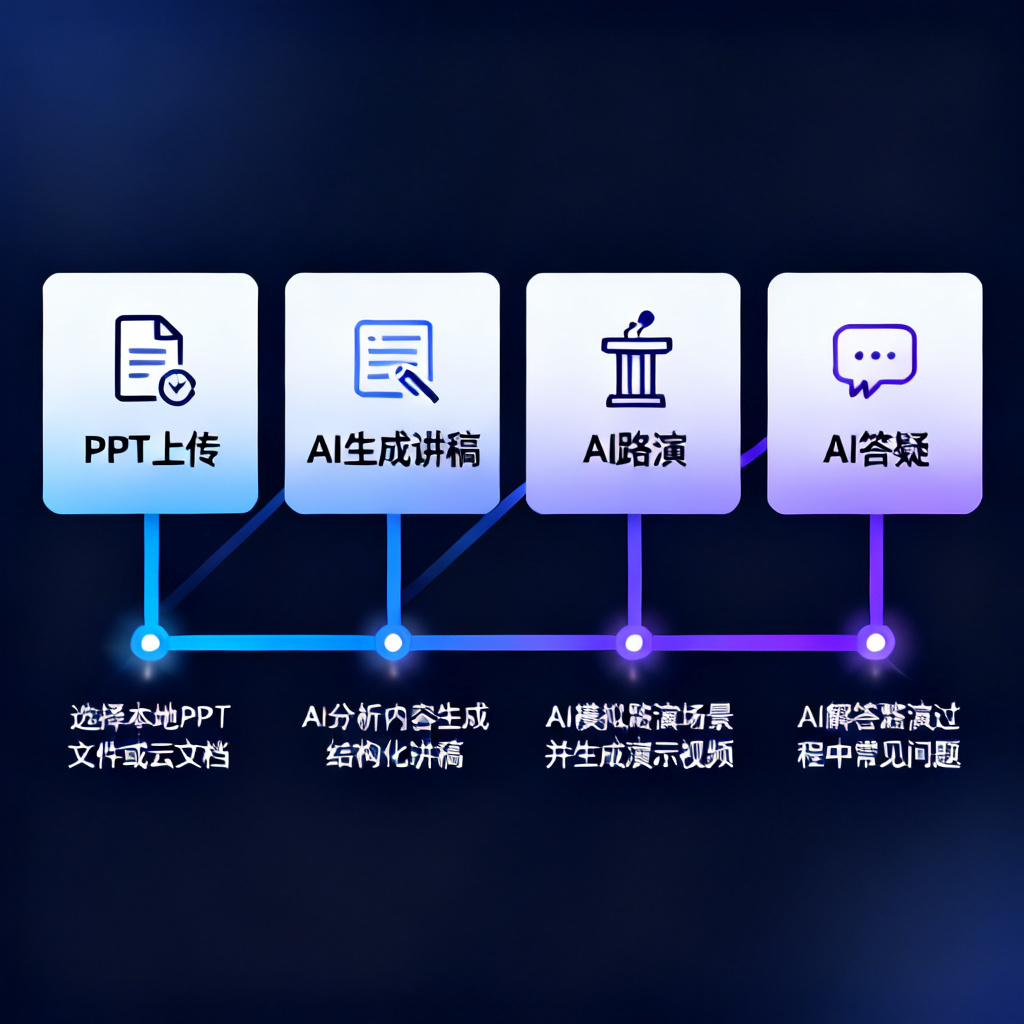 一张流程图，展示从PPT上传到AI生成讲稿、AI路演、AI答疑的完整链路，采用科技感线条和图标，风格现代