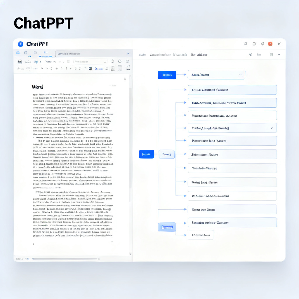 A screenshot of ChatPPT interface showing long text processing, with a Word document on the left and automatically generated PPT outline on the right, highlighting logical restructuring of academic content.