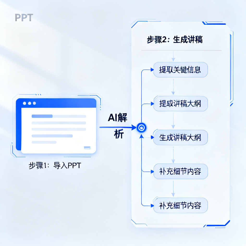AI解构PPT并生成讲稿的流程图，左侧是幻灯片缩略图，右侧是讲稿文本，中间有箭头和逻辑节点标注，展示从幻灯片到讲稿的转换过程