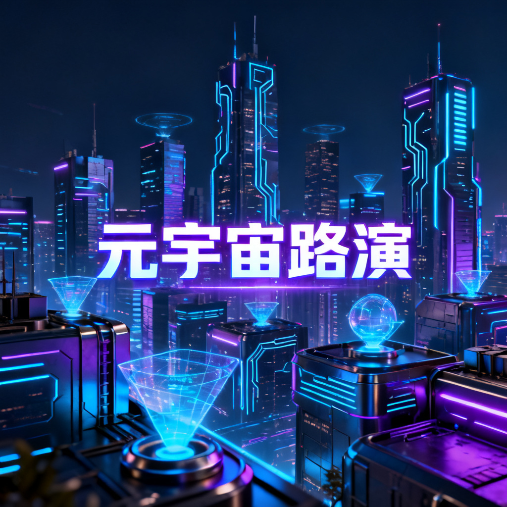 赛博朋克风格元宇宙路演PPT封面，霓虹灯光，城市天际线，3D渲染，高细节