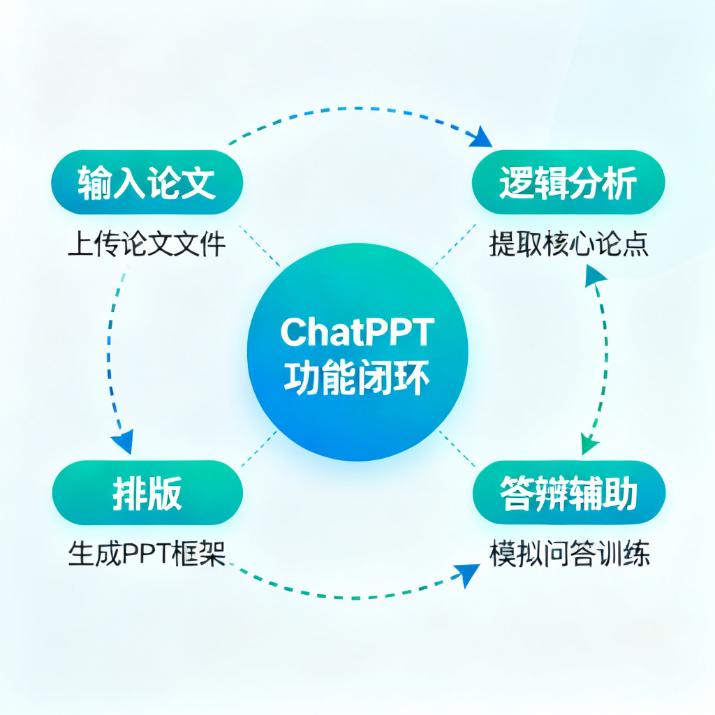 思维导图展示ChatPPT的功能闭环：输入论文→逻辑分析→排版→答辩辅助