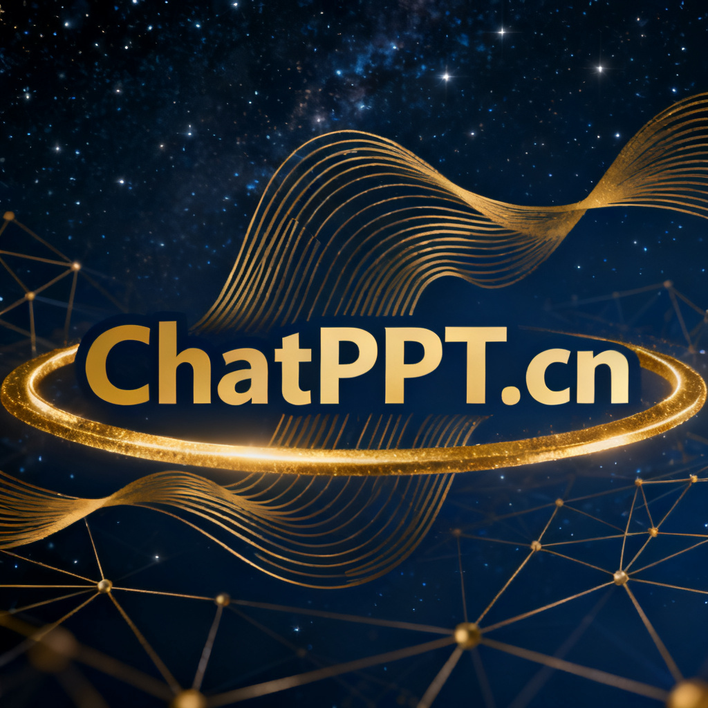 ChatPPT的LOGO（ChatPPT.cn）被金色光环环绕，背景是星空和连接线，象征技术领先，抽象风格