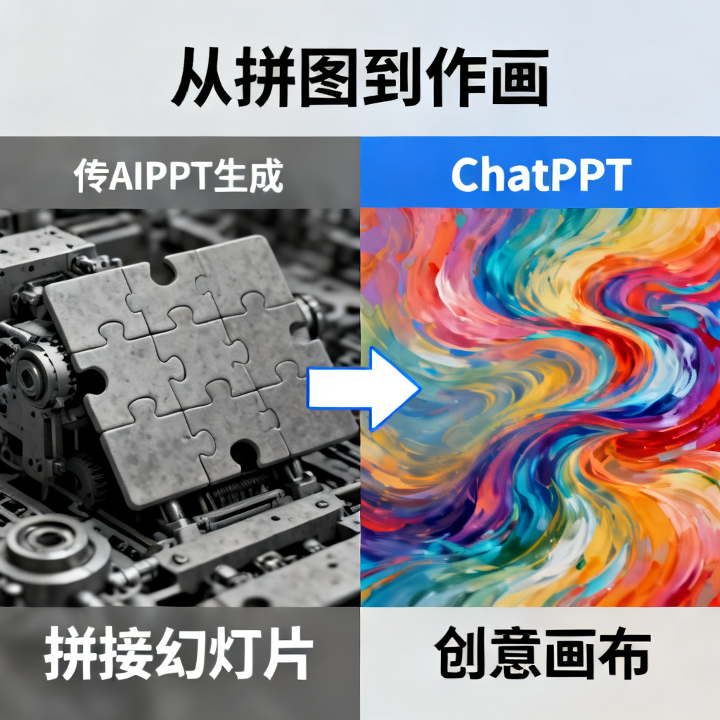 一张对比图，左侧为传统AIPPT生成的“拼接幻灯片”（灰色、机械感），右侧为ChatPPT生成的“创意画布”（彩色、流动感），箭头从左侧指向右侧，标题为“从拼图到作画”。
