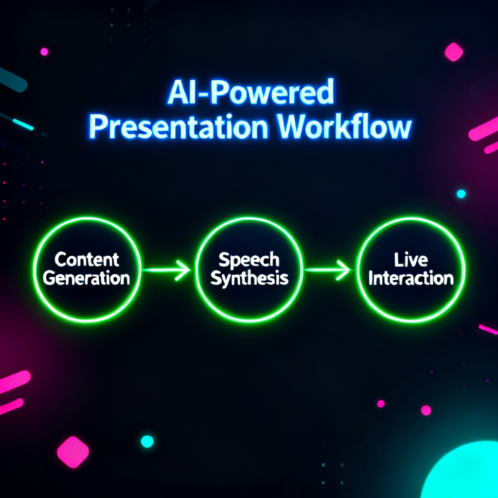 A flowchart of AI-powered presentation workflow: from content generation to speech synthesis to live interaction, interconnected nodes glowing, dark background with neon accents, tech illustration style.