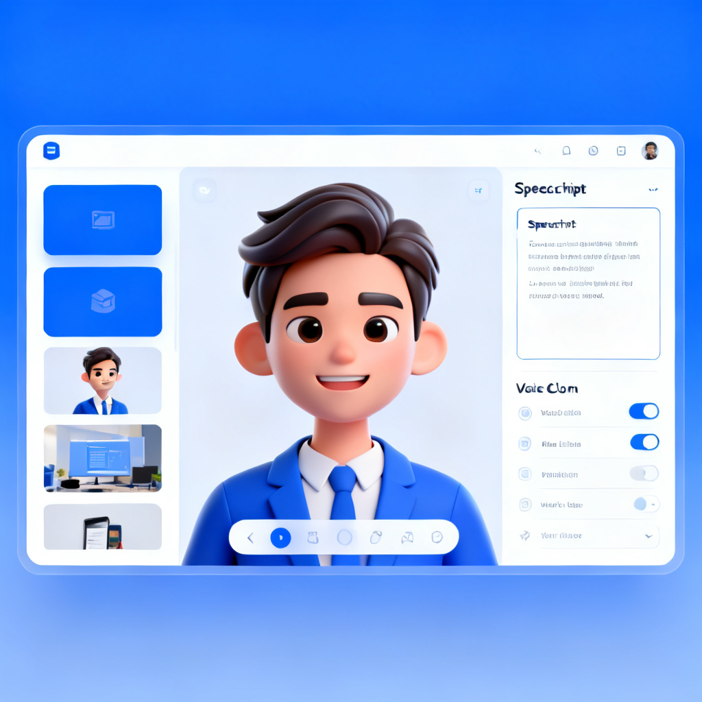 User interface of ChatPPT AI presentation mode, left side shows slide thumbnails, right side shows speech script and voice cloning settings, center displays a 3D avatar preview, clean UI design, blue and white color scheme, professional look.