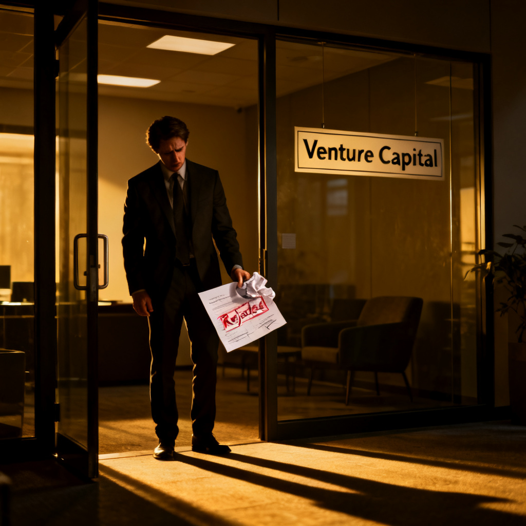 A depressed entrepreneur leaving a venture capital office, holding a rejected business plan, in a realistic style, cinematic lighting