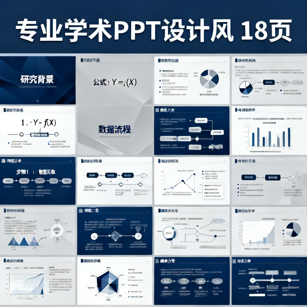 同一篇博士论文在ChatPPT中生成的18页完整幻灯片,展示逻辑清晰的数据流、高清渲染的公式和实验流程图,配色专业严谨