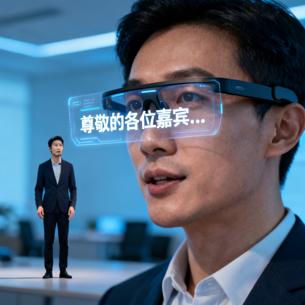 一副智能眼镜投射出虚拟提词器，用户正在对着空气演练演讲