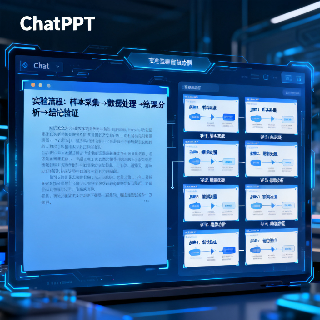 一个复杂的实验流程图在ChatPPT界面中被自动分解为多页幻灯片，每个步骤标注清晰，科技感蓝色调，画面左侧显示原始论文段落，右侧显示生成后的幻灯片预览