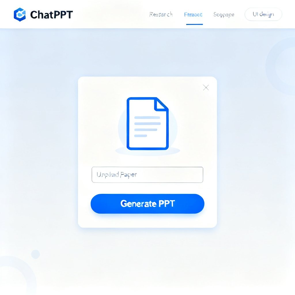 A screenshot of the ChatPPT homepage showing the upload interface for a research paper, with a "Generate PPT" button prominently displayed.