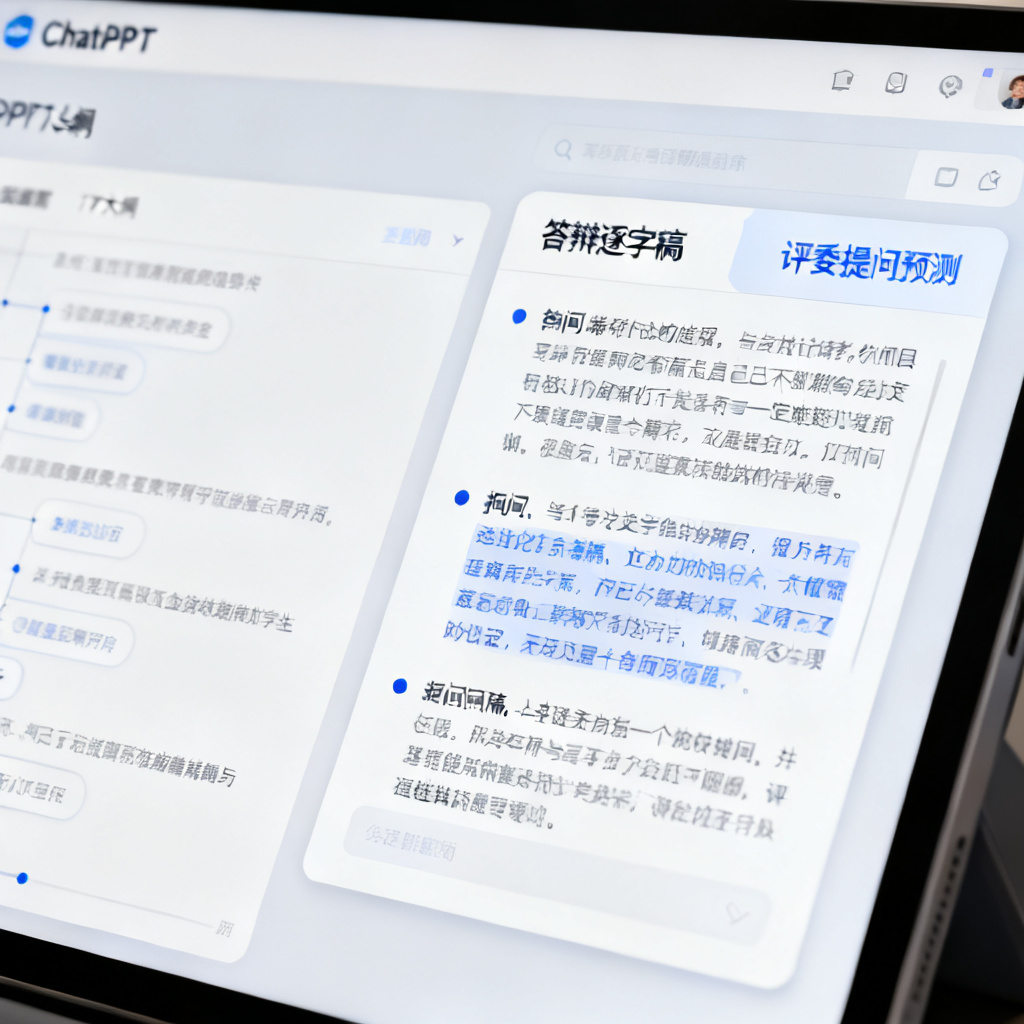 屏幕截图特写:ChatPPT界面中,左侧显示PPT大纲,右侧显示“答辩逐字稿”与“评委提问预测”面板,提问内容专业且具体,体现全链路辅助功能