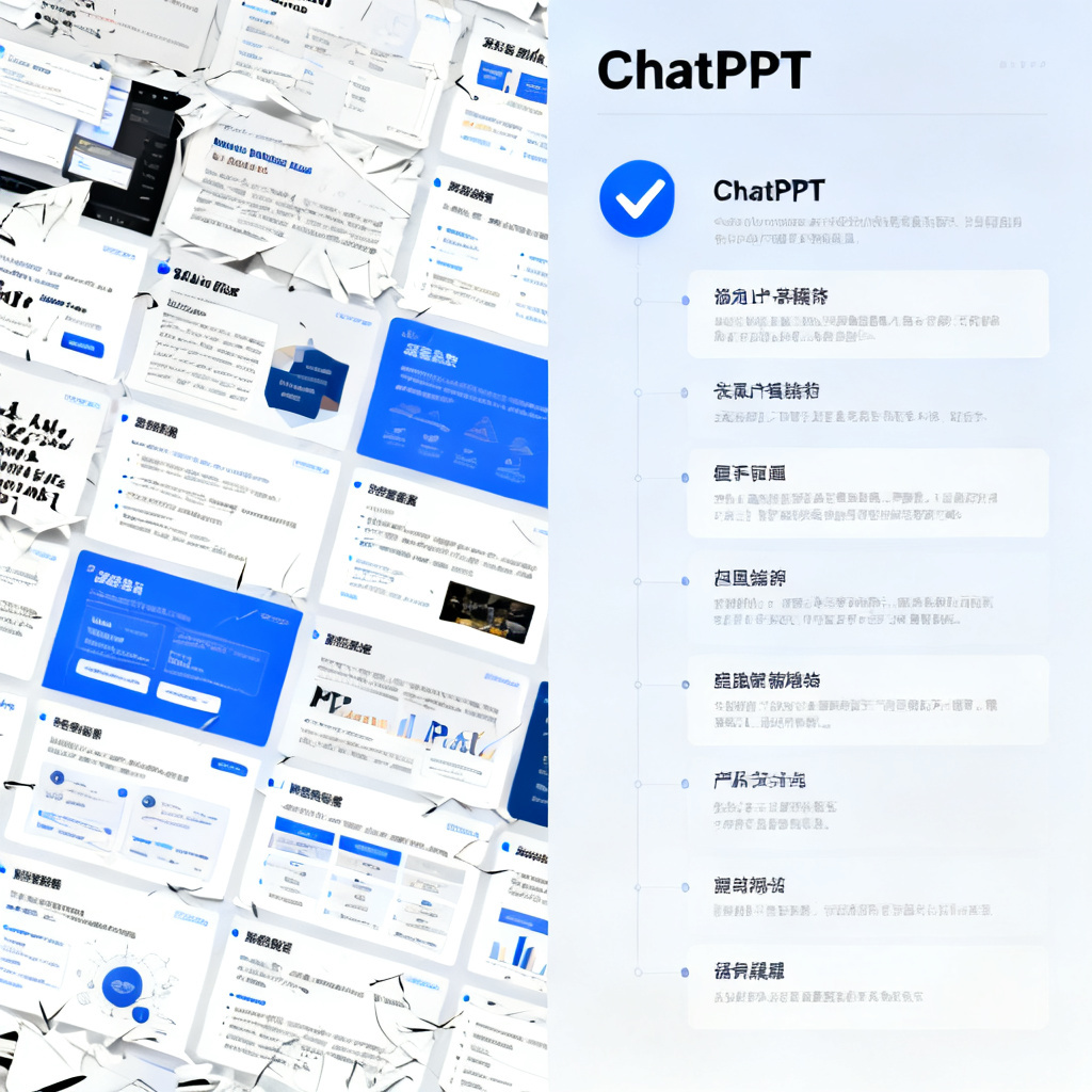 A split-screen comparison: left side shows a messy, disorganized slide from a generic AI tool; right side shows a polished, logically structured slide from ChatPPT, with a checkmark.