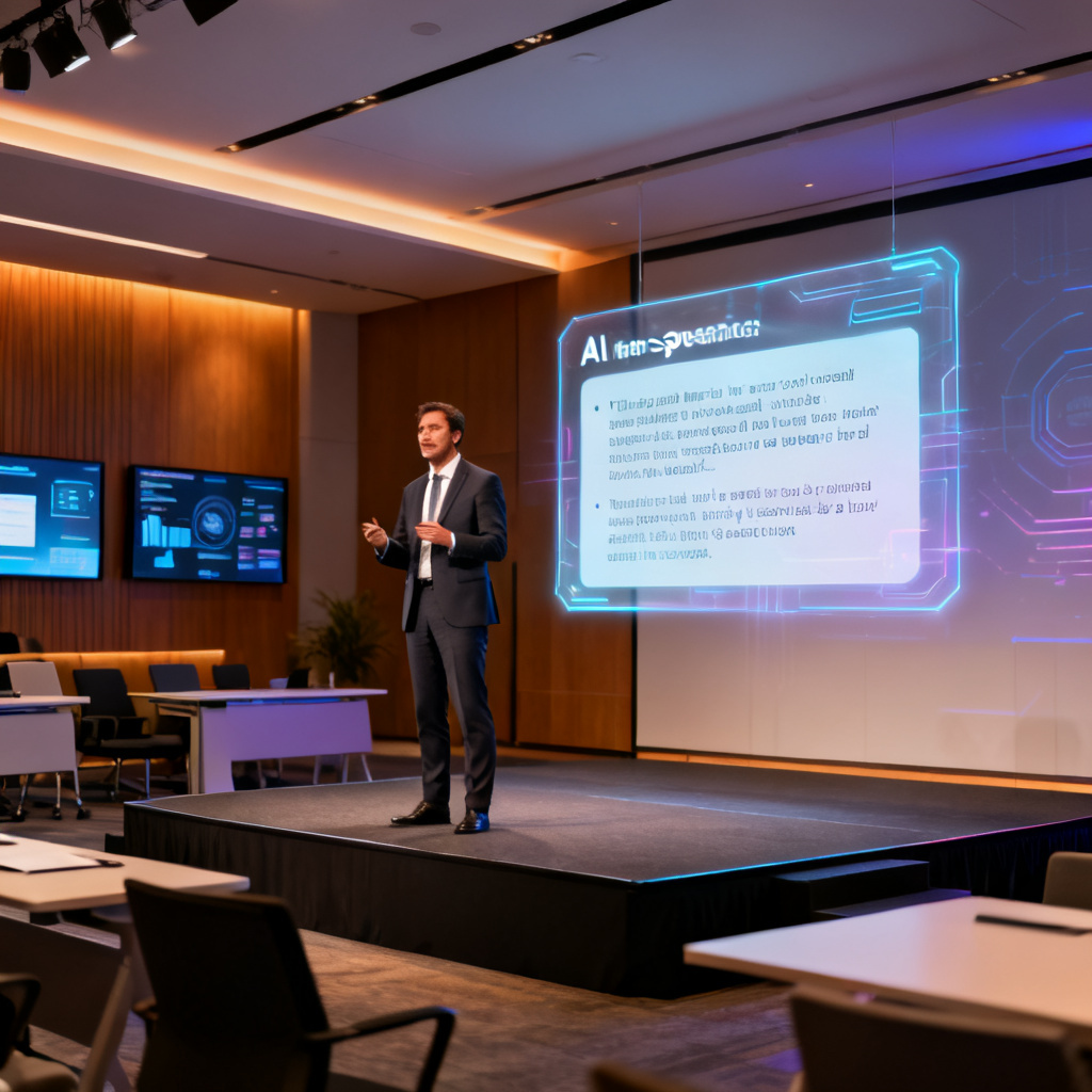 A professional presenter standing on stage with a holographic slide showing AI-generated speech text floating beside them, modern conference room, realistic style, high detail