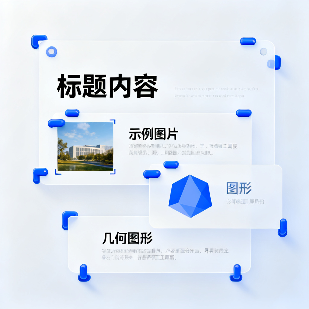 一张PPT页面，显示文字、图片、图形被分离成独立图层，周围有编辑手柄