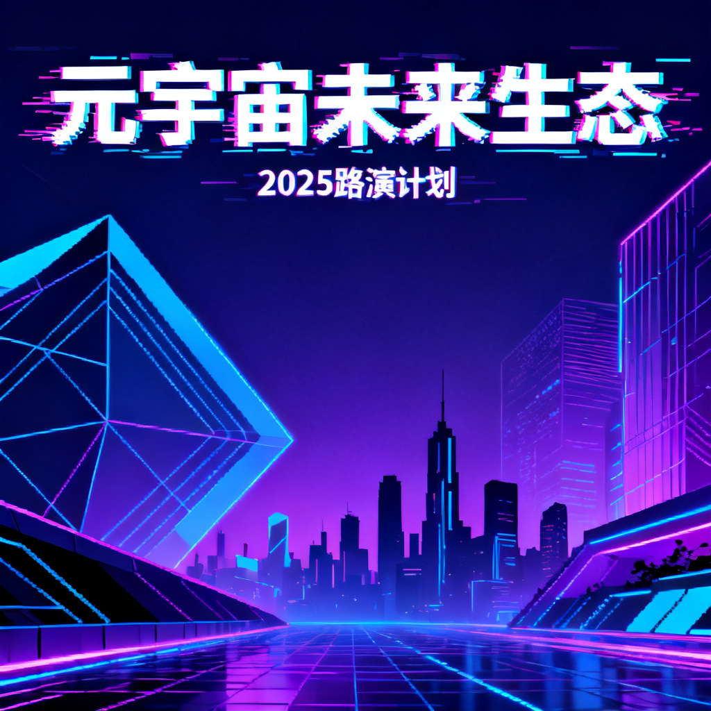 赛博朋克风格，元宇宙路演幻灯片，霓虹蓝紫主色调，几何建筑线条，故障艺术文字，超现实城市剪影，高对比度，8K渲染