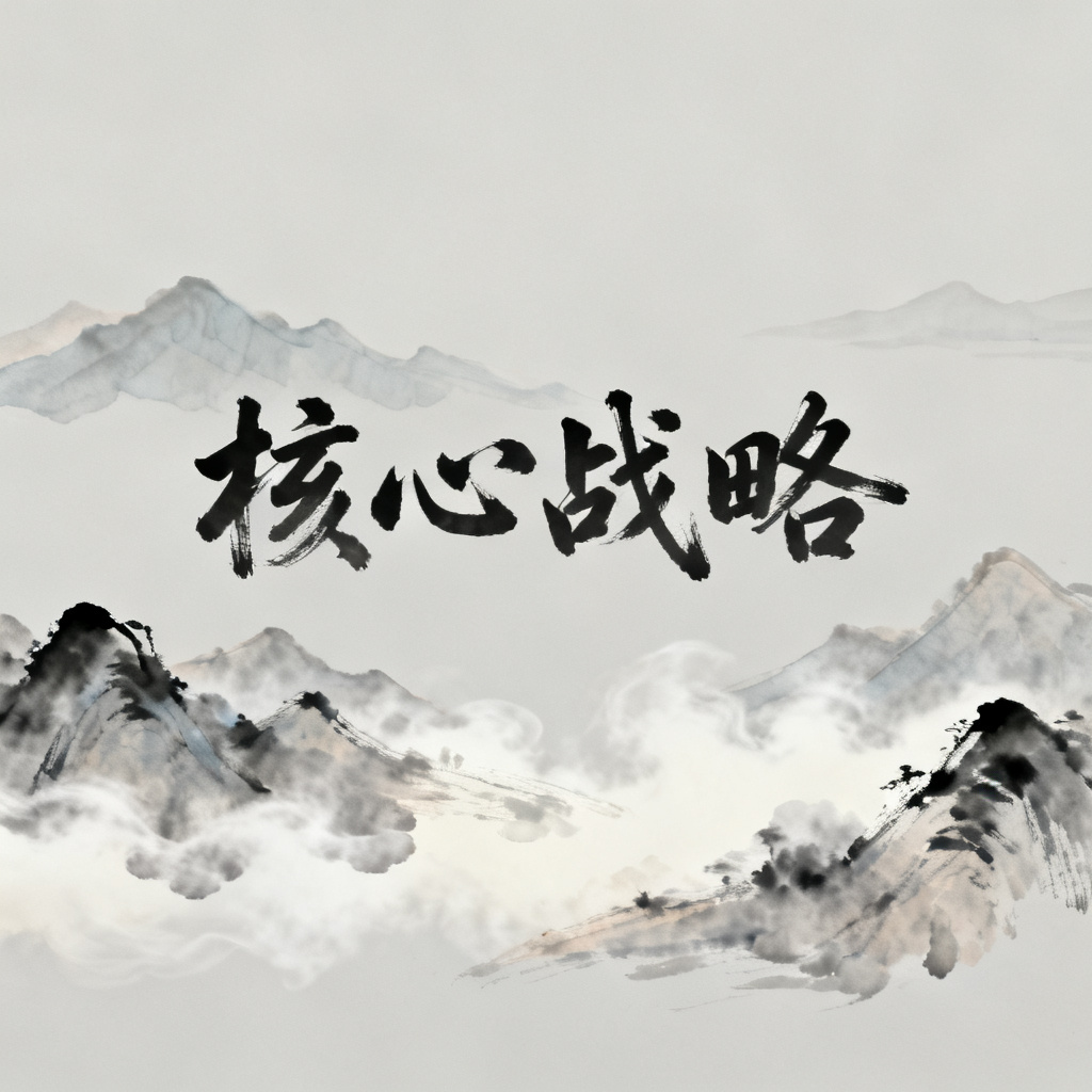 水墨风格的商业PPT页面，山峦与云雾，文字以书法字体呈现，整体风格淡雅大气
