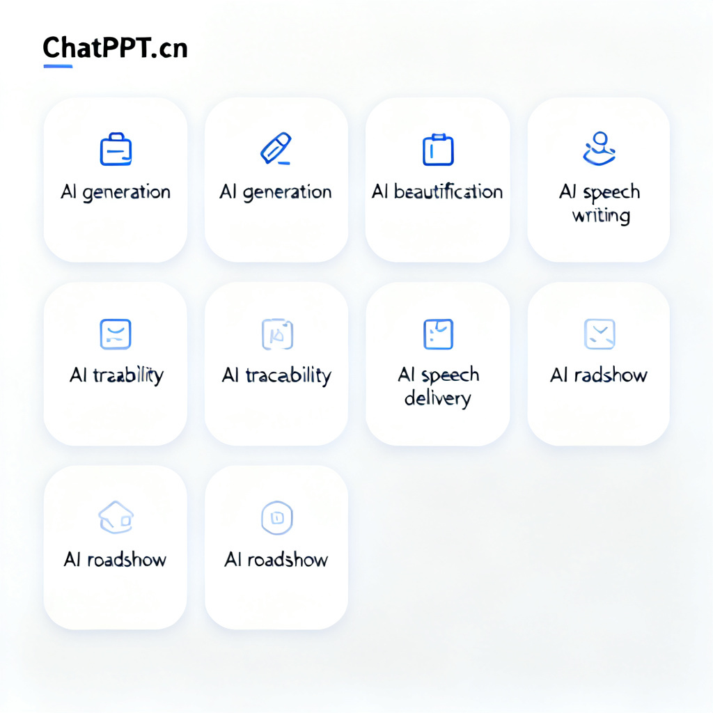 The main interface of ChatPPT.cn, showing 8 core modules including AI generation, AI beautification, AI speech writing, AI traceability, AI speech delivery, and AI roadshow
