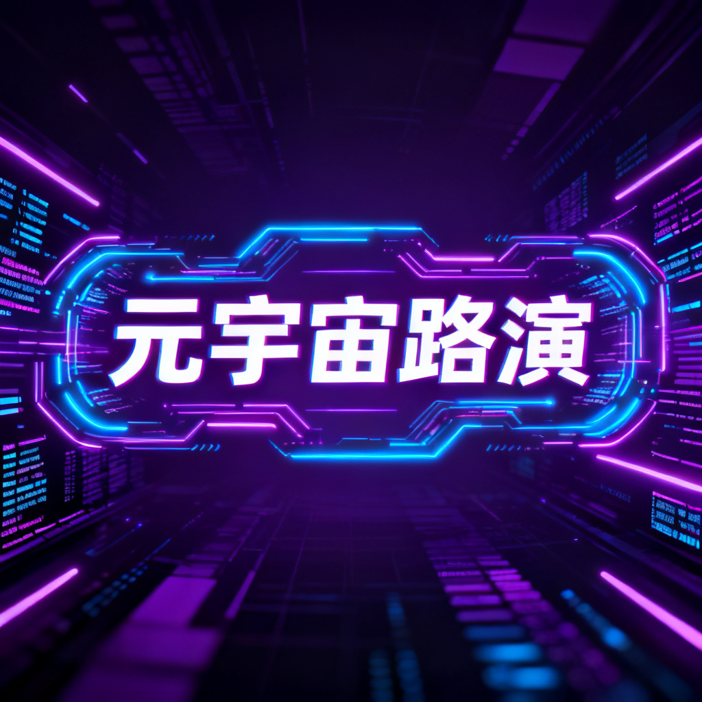 赛博朋克风格的元宇宙路演PPT封面,霓虹灯光与数据流交织,高对比度,深紫色与电蓝色为主色调