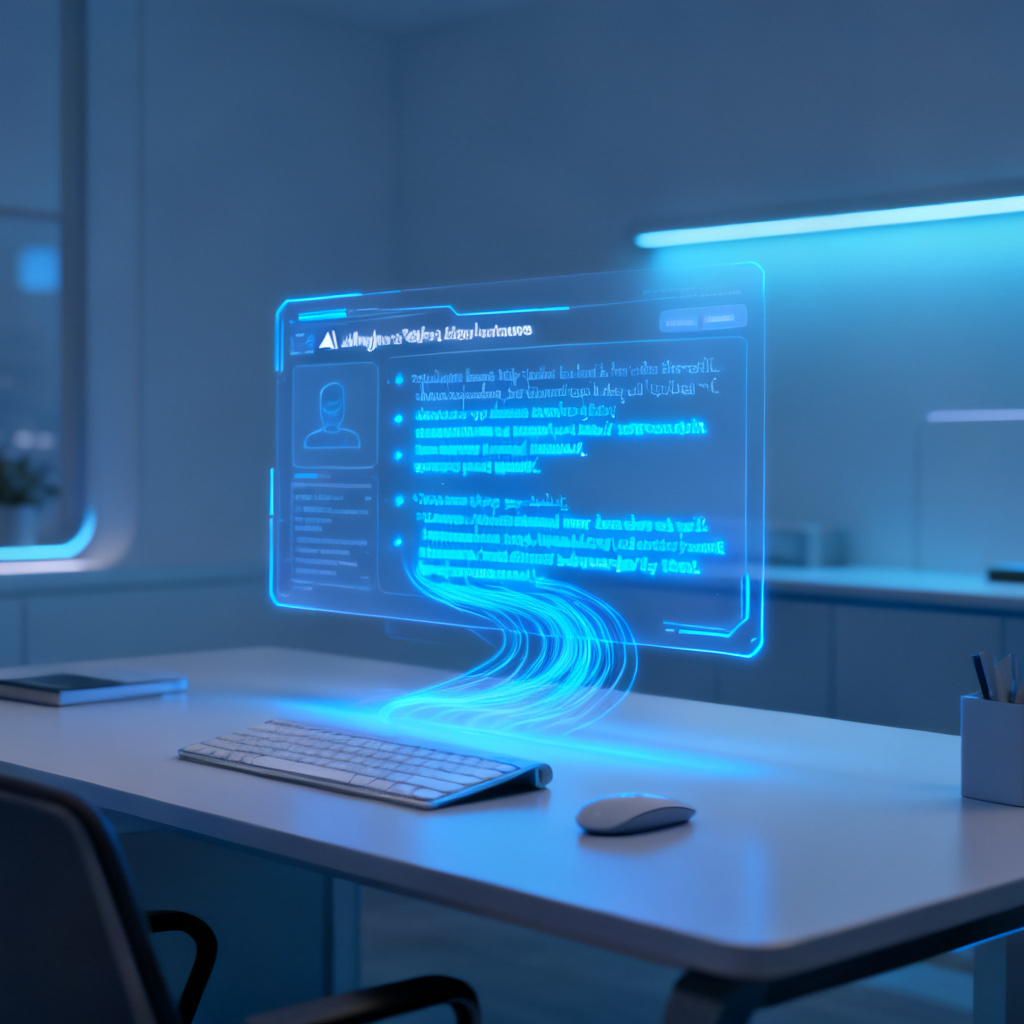 A futuristic workspace with a holographic display showing an AI analyzing a slide's logical structure, generating a flowing speech script with highlighted key points, soft blue ambient lighting, minimalist desk setup.