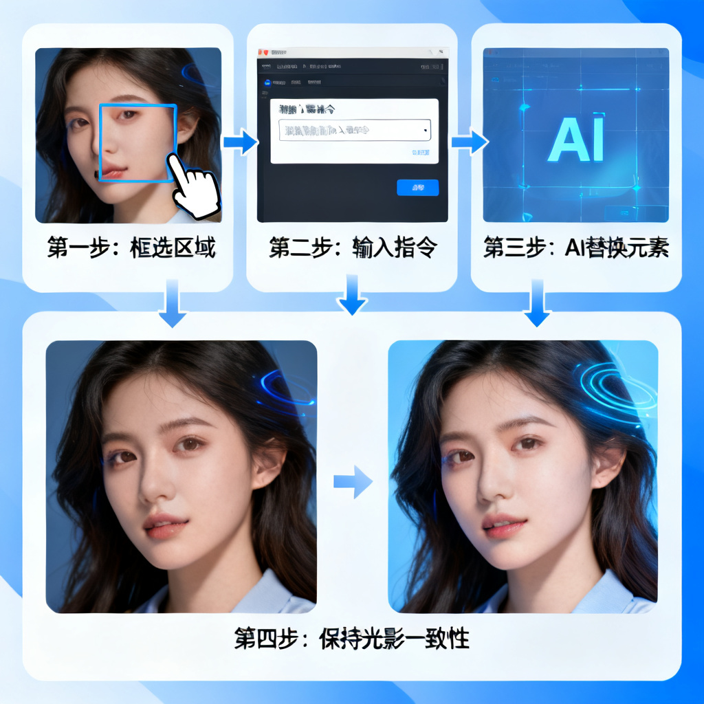 局部重绘过程,框选区域,输入指令,AI替换元素,保持光影一致性,前后对比