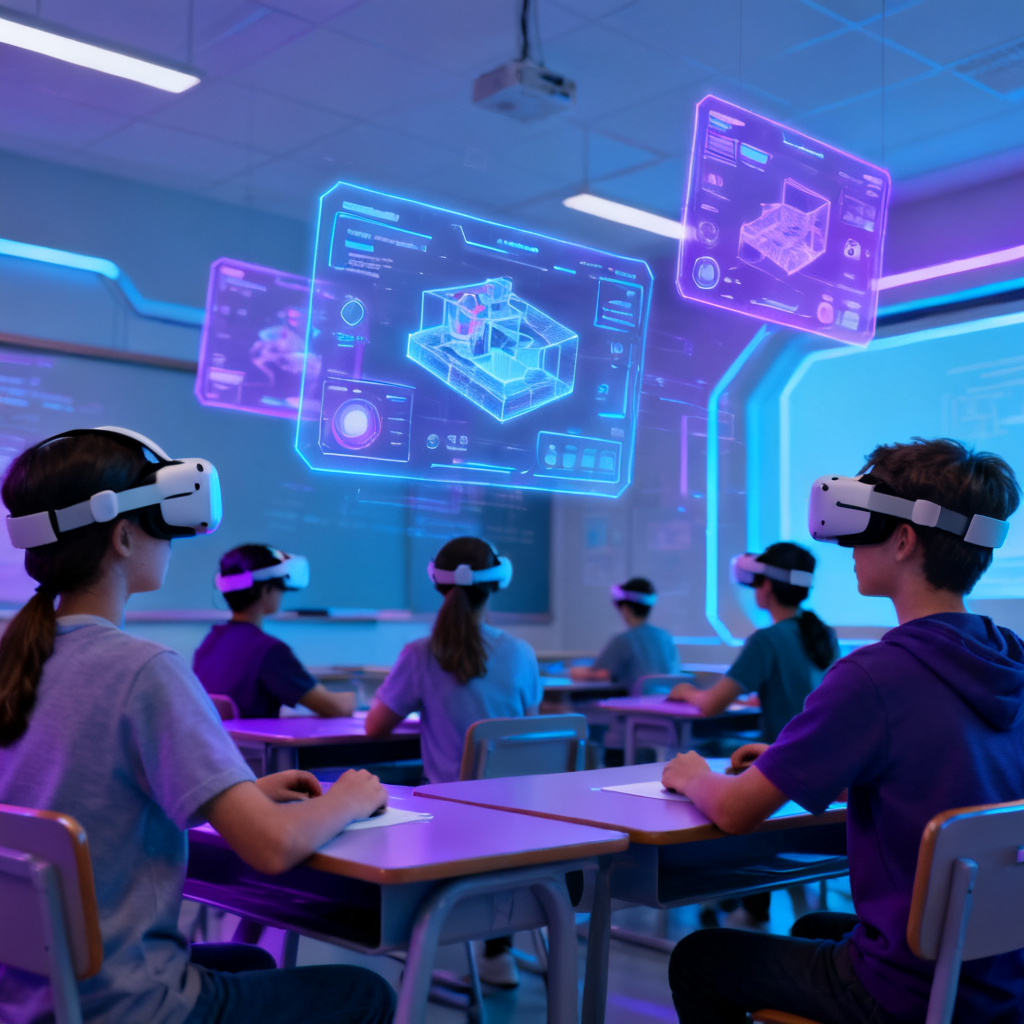 一个未来风格的教室,学生们戴着VR头显,虚拟屏幕悬浮在空中,展示着3D模型和交互界面,整体色调以蓝色和紫色为主,科技感十足