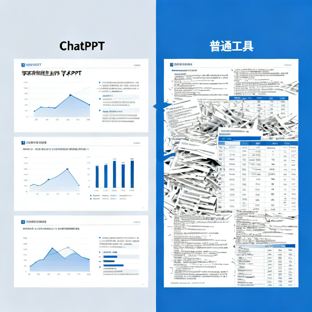 对比图：左侧为ChatPPT生成的学术PPT，页面布局清晰，数据图表规范，文字简洁；右侧为普通工具生成的PPT，内容混乱，排版拥挤，数据堆积