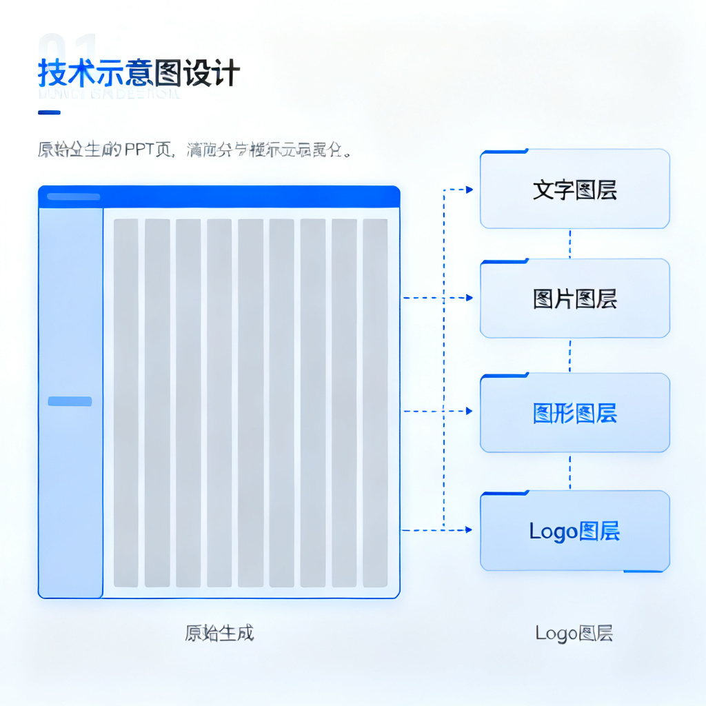 一个技术示意图，展示ChatPPT的图层分离过程：左侧是原始生成的PPT页面，右侧被拆解为文字图层、图片图层、图形图层与Logo图层，每个图层独立显示。