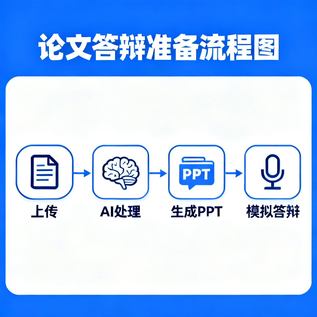 一个简洁的流程图，展示从上传论文到完成答辩准备的全过程，包含“上传”、“AI处理”、“生成PPT”、“模拟答辩”四个节点，每个节点配有图标，风格专业清晰