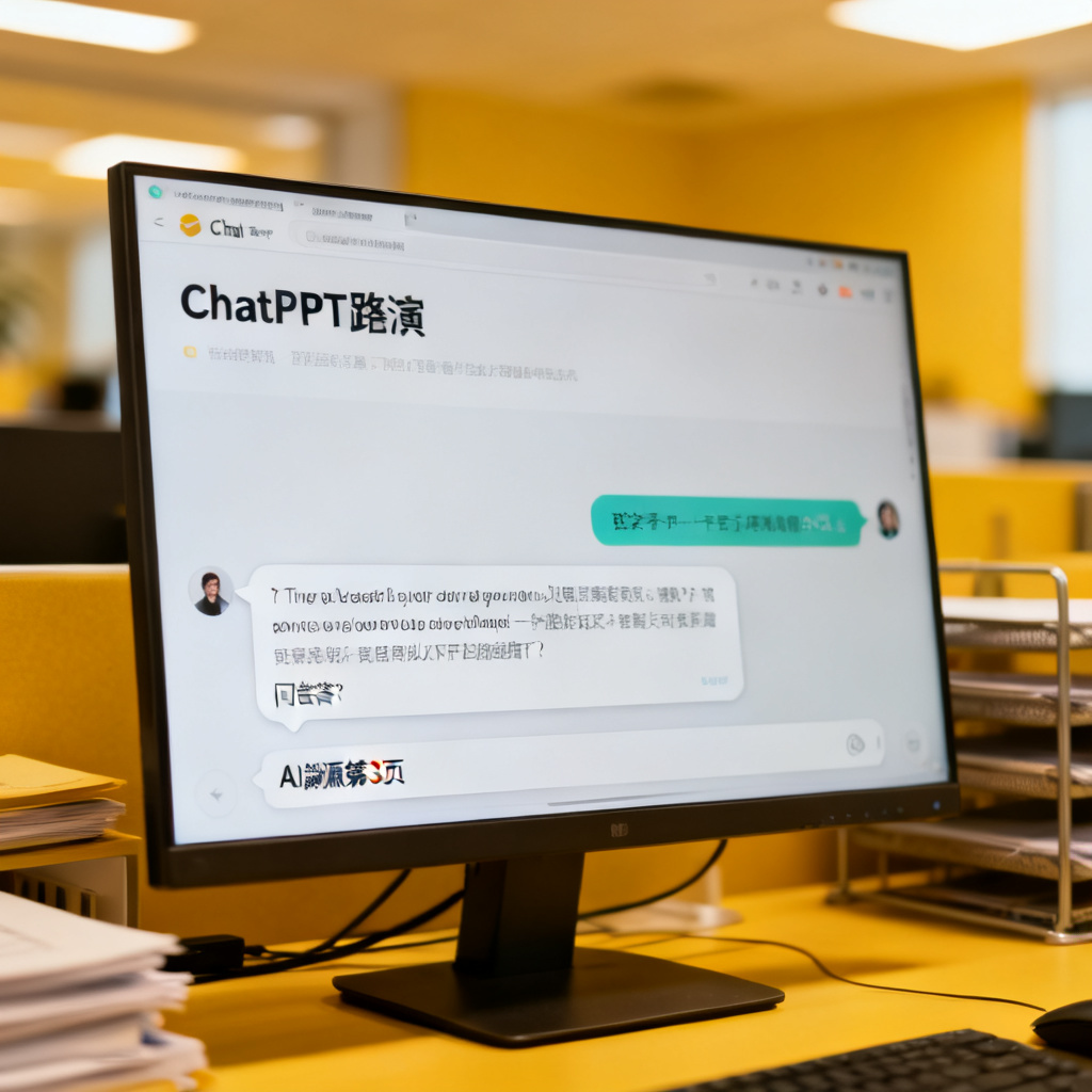 一个电脑屏幕显示ChatPPT的路演页面，页面底部有AI问答对话框，对话框中显示提问和答案，答案旁边有“溯源第3页”的标注，背景是模糊的办公环境