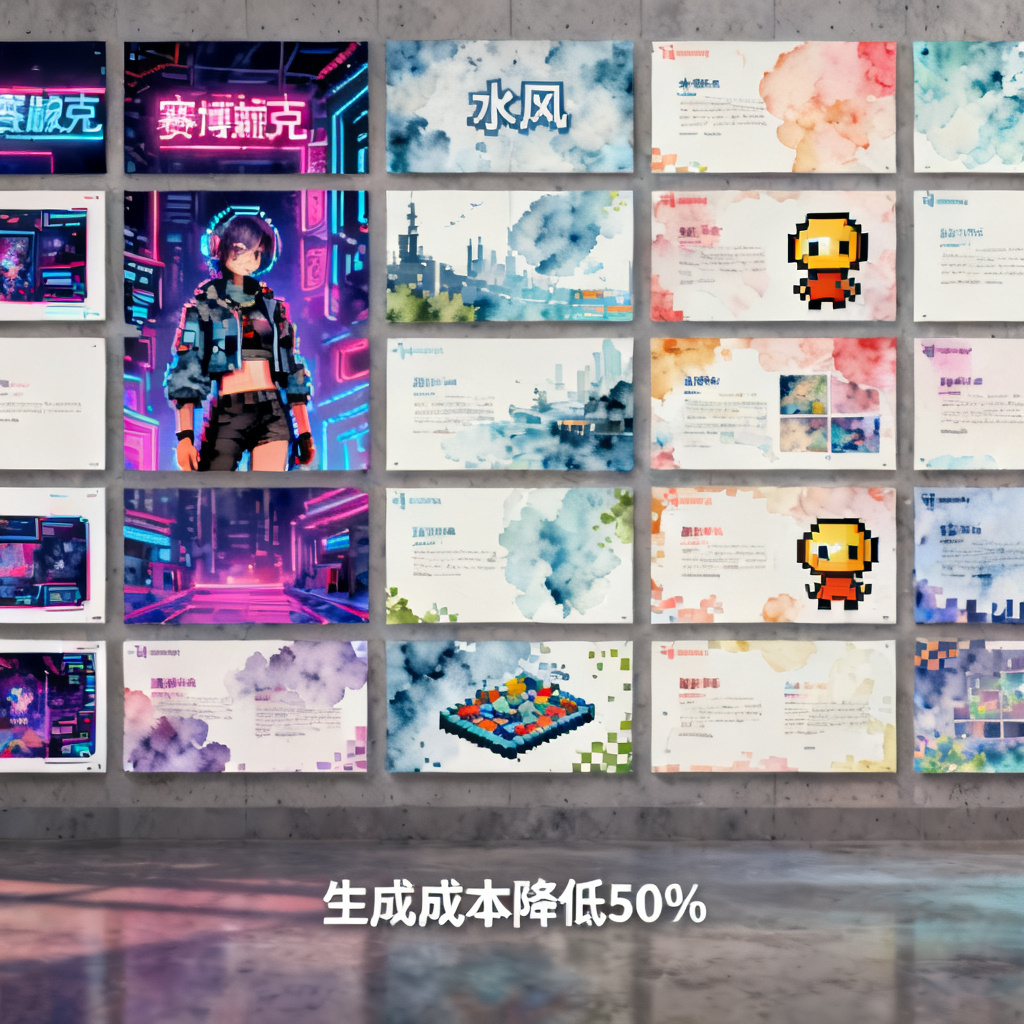 批量生成的PPT缩略图墙，展示多种风格（赛博朋克、水彩、像素风），每张页面独立且可编辑，标注“生成成本降低50%”