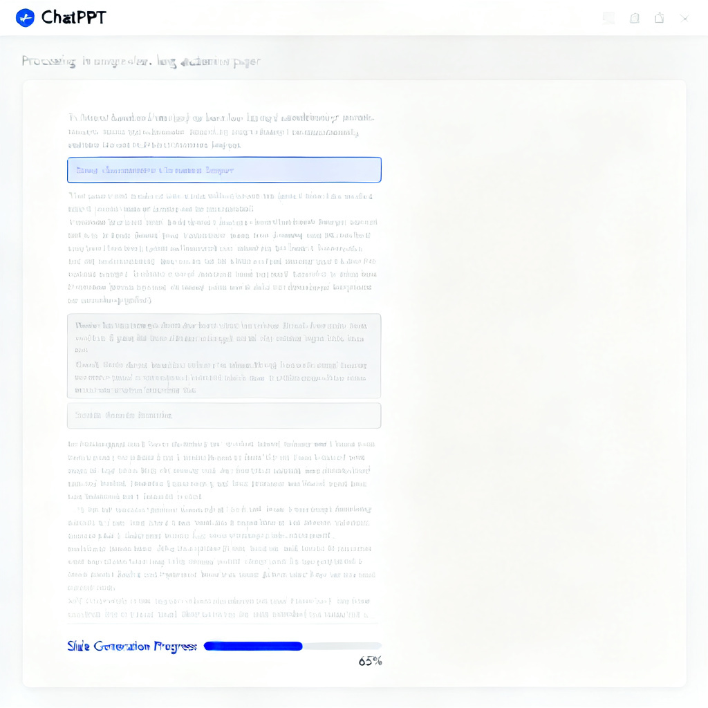 A screenshot showing ChatPPT's interface processing a long academic paper, with highlighted text extraction and slide generation progress bar. Style: clean, minimalist, tech-focused.