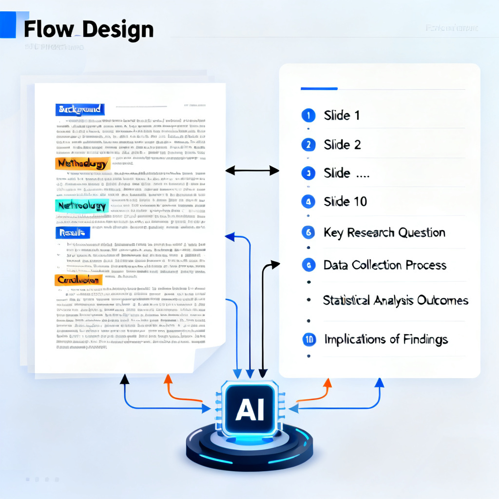 A flowchart showing the process of converting a 25,000-word academic thesis into a 10-page presentation outline. The left side shows a dense text document with highlighted sections (Background, Methodology, Results, Conclusion). Arrows lead to the right side, where a clean, structured outline with slide numbers and bullet points is displayed. The AI is depicted as a central hub that extracts and re-organizes the information.