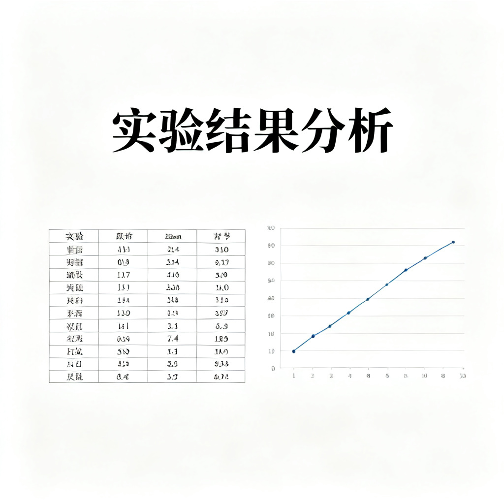 一个整洁的学术PPT幻灯片，包含实验数据表格和折线图，背景为白色，字体为宋体，标题为“实验结果分析”，风格严谨专业