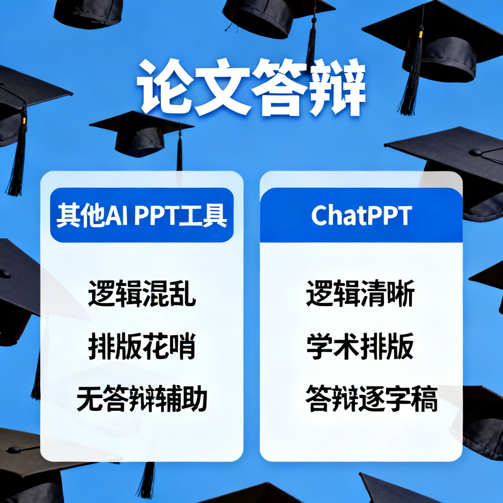 一张对比图表，左侧标注“其他AI PPT工具”（显示逻辑混乱、排版花哨、无答辩辅助），右侧标注“ChatPPT”（显示逻辑清晰、学术排版、答辩逐字稿），背景有毕业帽和“论文答辩”字样