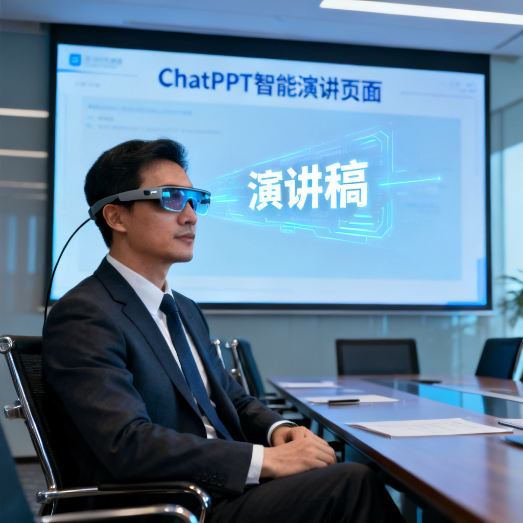 一位商务人士在会议室中佩戴AI智能眼镜,眼镜上投射出演讲稿的文字,背景是大屏幕显示ChatPPT的智能演讲页面,整体氛围科技感、高效。