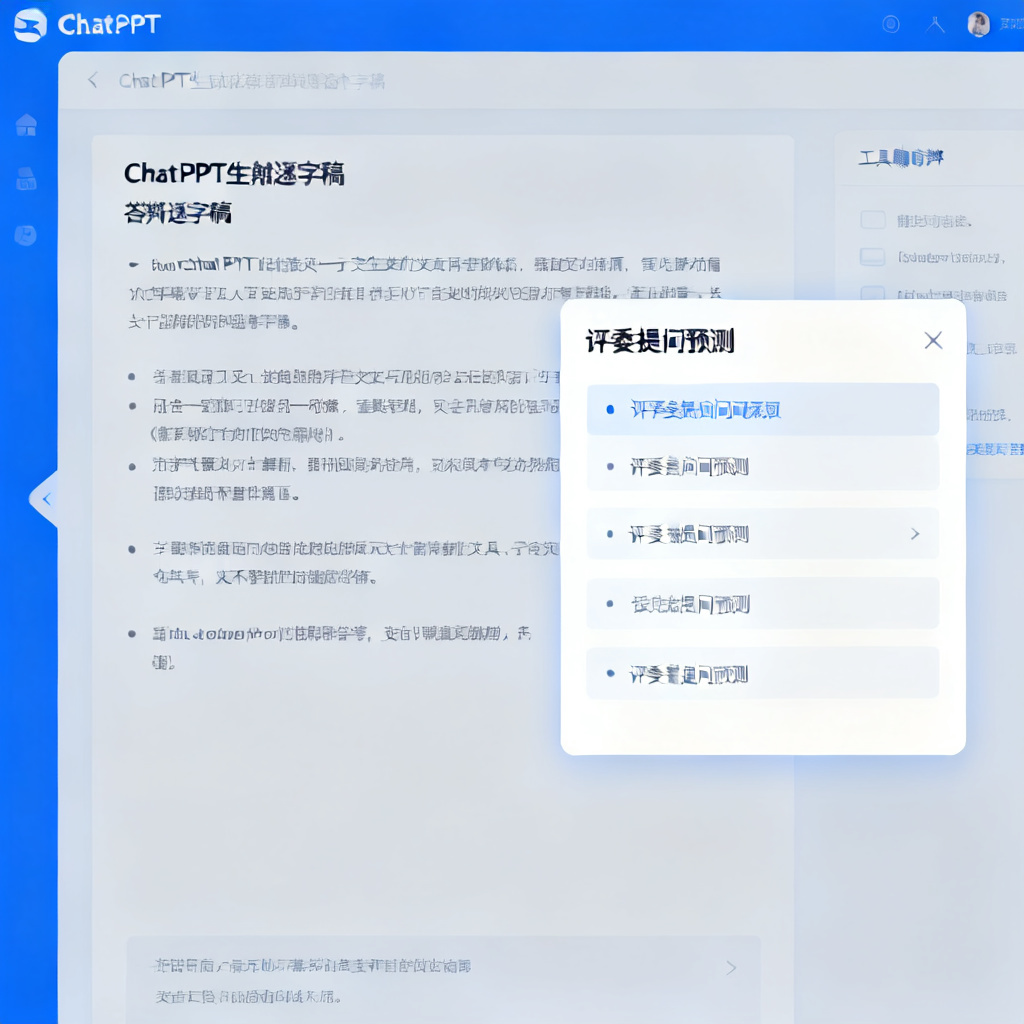 一张ChatPPT生成的答辩逐字稿截图，旁边有“评委提问预测”弹窗，风格简洁，突出功能。