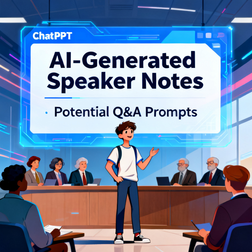 An illustration of a confident student standing in front of a panel of professors, with a large digital overlay showing AI-generated speaker notes and a list of potential Q&A prompts, symbolizing the preparation and confidence provided by ChatPPT.