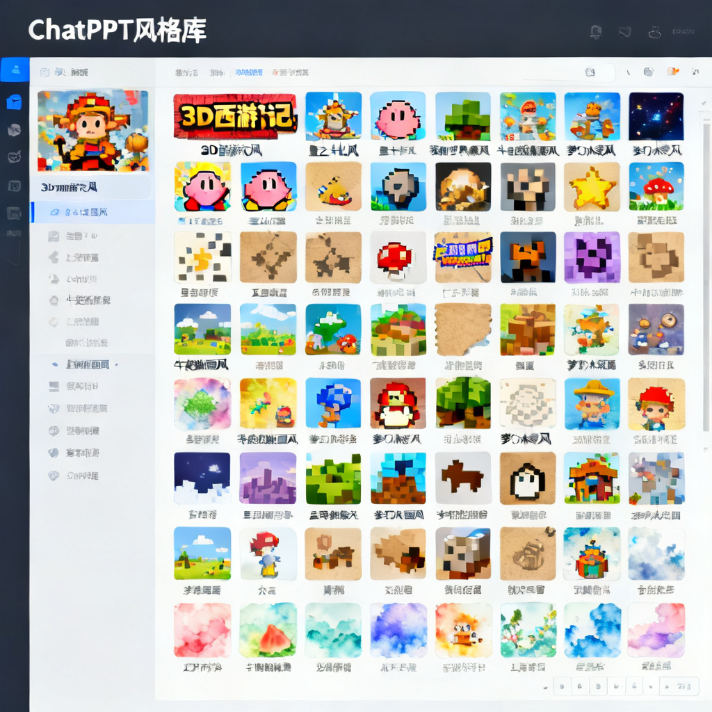 一张展示ChatPPT风格库的截图，包含“3D西游记风”、“星之卡比风”、“我的世界像素风”、“牛皮纸贴画风”、“梦幻水彩风”等上百种风格选项，每个风格配有预览缩略图。