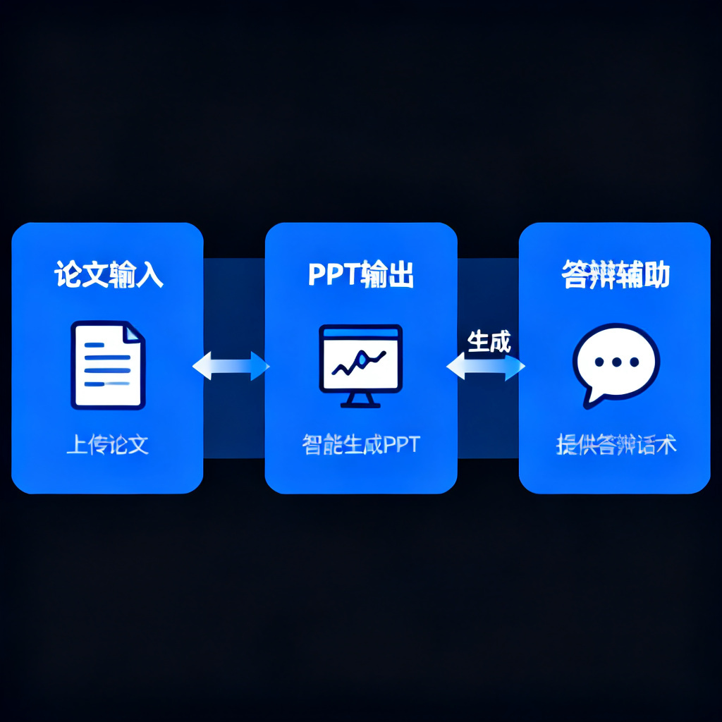 一张信息图，展示ChatPPT从论文输入到PPT输出再到答辩辅助的全链路流程，箭头连接，图标简洁，学术蓝配色。