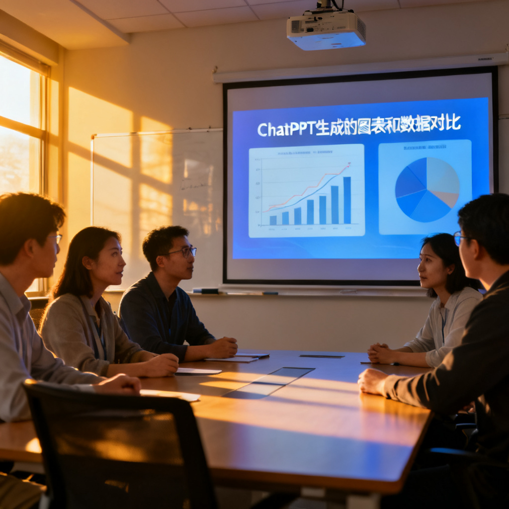 一个科研团队在会议室中展示项目结题PPT，屏幕上显示ChatPPT生成的图表和数据对比，团队成员正在讨论，背景是白板和投影仪，风格写实
