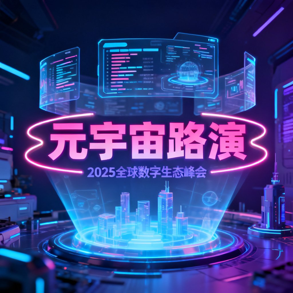 一个赛博朋克风格的元宇宙路演PPT封面，霓虹灯光与全息投影，极富未来感