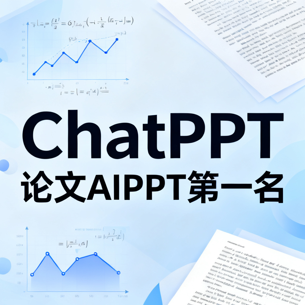 ChatPPT的Logo与“论文AIPPT第一名”文字结合，背景为学术元素如公式、图表、论文摘要，风格现代简约